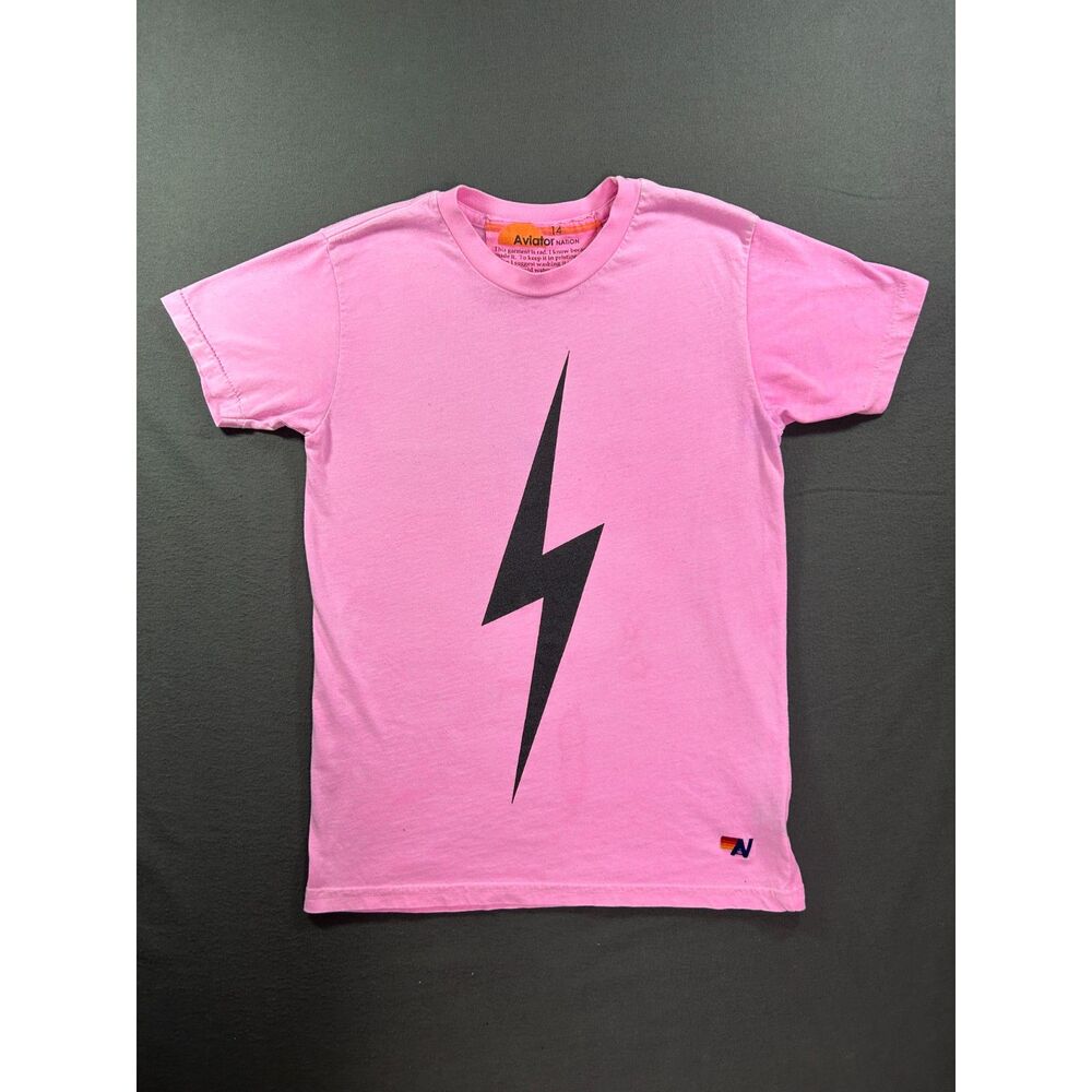 Aviator Nation Kids Pink Lightning Bolt Top Size 14 Made in USA Streetwear Rave